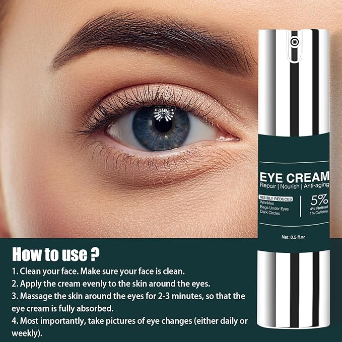 Retinol & Caffeine Eye Cream for Dark Circles, Puffiness & Wrinkles – Dermatologist-Tested Anti-Aging Formula, Lightweight Hydration for All Skin Types – 0.5 Fl Oz