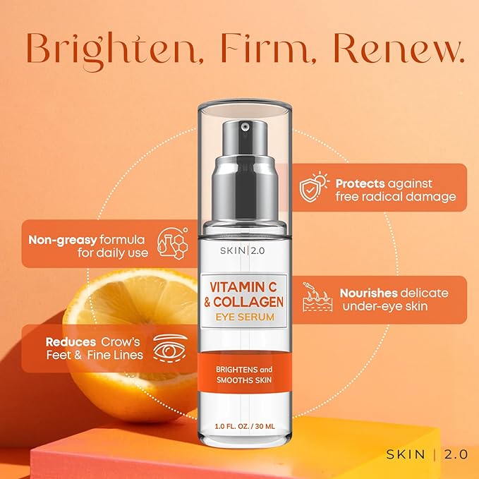 Skin 2.0 Vitamin C & Collagen Under Eye Serum – Dermatologist Tested, Anti Aging Korean Skin Care – Targets Dark Circles, Puffiness & Fine Lines for Smoother, Firmer Eyes – Vegan Clean Beauty, 1 fl oz
