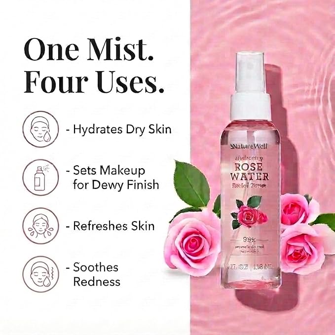 NATURE WELL Rose Water Hydrating Facial Toner Mist for Dewy & Radiant Skin, Refreshing, Conditioning, Soothing, Moisturizing, Perfect for Travel, 4 Fl Oz