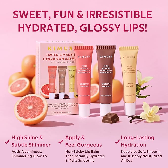 KIMUSE 3 Pack Tinted Lip Butter Hydration Balm, Hydrating Lip Treatment with Hyaluronic Acid & Vitamin E, Tinted Lip Balm for Instant Moisture, Shine & Hydration, Supple Lips, Vegan & Cruelty-Free