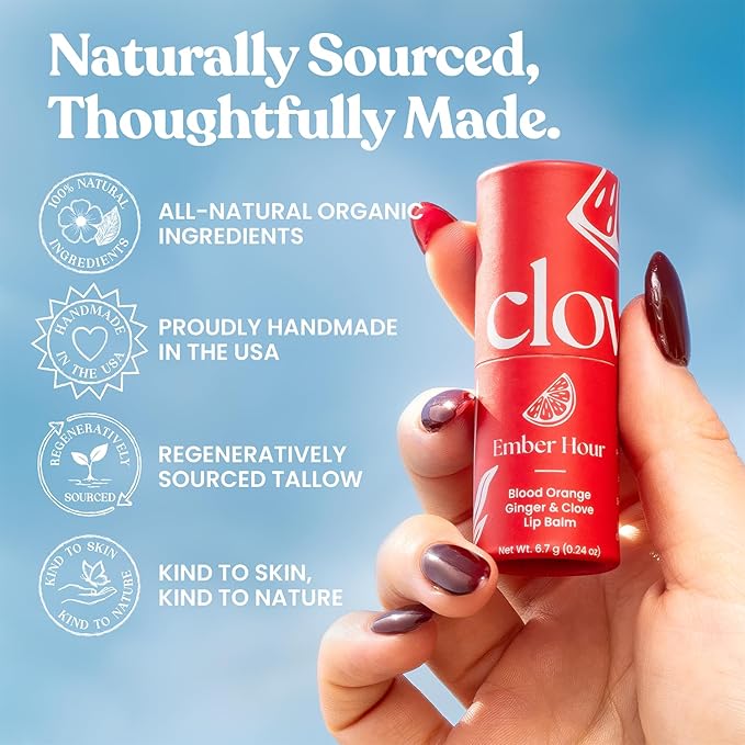 Cloven Tallow Lip Balm, Deep Hydration for Lips, Face & Dry Skin | Natural Grass-Fed, Organic Ingredients, Nourishes & Protects | Blood Orange, Ginger & Clove | Made in the USA