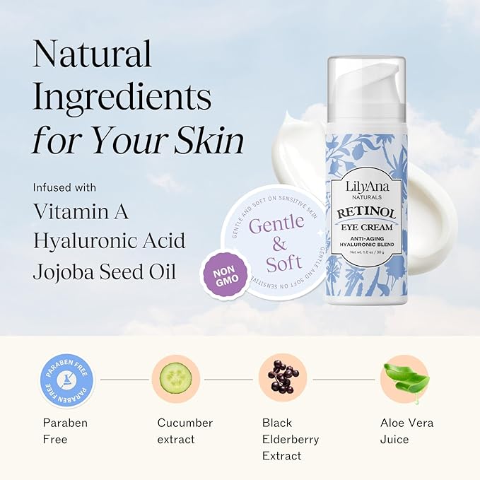 LilyAna Naturals Eye Cream - Eye Cream for Dark Circles and Puffiness, Under Eye Cream, Anti Aging Eye Cream Reduce Fine Lines and Wrinkles (1.0 Ounce, Retinol)