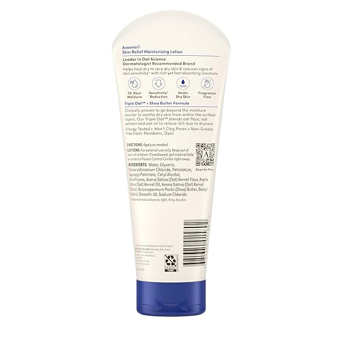 Aveeno Skin Relief Moisturizing Lotion Heals Very Dry, Sensitive Skin, Fast-Absorbing Body Lotion with Soothing Triple Oat & Shea Butter Formula, Fragrance Free, Non-Comedogenic, 8 oz
