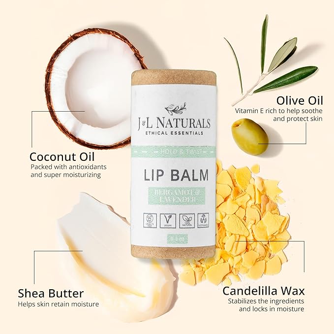J&L Naturals Sustainable Lip Balm | Organic Ingredients, 100% Natural, Eco-Friendly | Cruelty Free, Vegan, Paraben Free, Silicone Free (Bergamot & Lavender, 5-Piece Bundle)