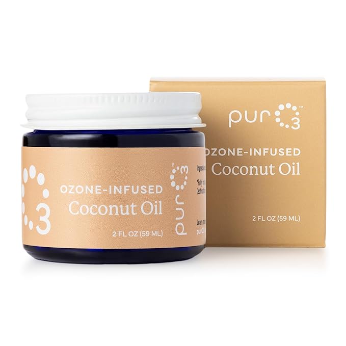 PurO3 Ozonated Coconut Oil – Pure, Natural, Organic Skincare for Face & Body – Oxygenated Healing Lotion, Moisturizer & Beauty Cream in a Glass Jar – O3 Therapy Salve, 2 oz
