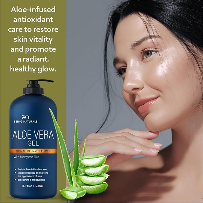 Aloe vera Gel - from 100% Pure Organic Aloe Infused with Manuka Honey, Stem Cell, Methylene Blue - Natural Raw Moisturizer for Face, Body, Hair. Perfect for Sunburn, Acne, Razor Bumps 16.9 fl oz