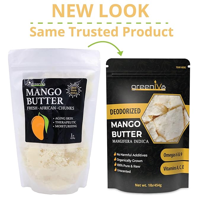 GreenIVe Deodorized Mango Butter Chuncks 100% Pure Raw Unrefined Natural Creamy Skin Hair Moisturizer Hydrating Body Butter Lotion Lip Balm Soap Making DIY Cosmetics Whipped Creams Food Grade 16oz