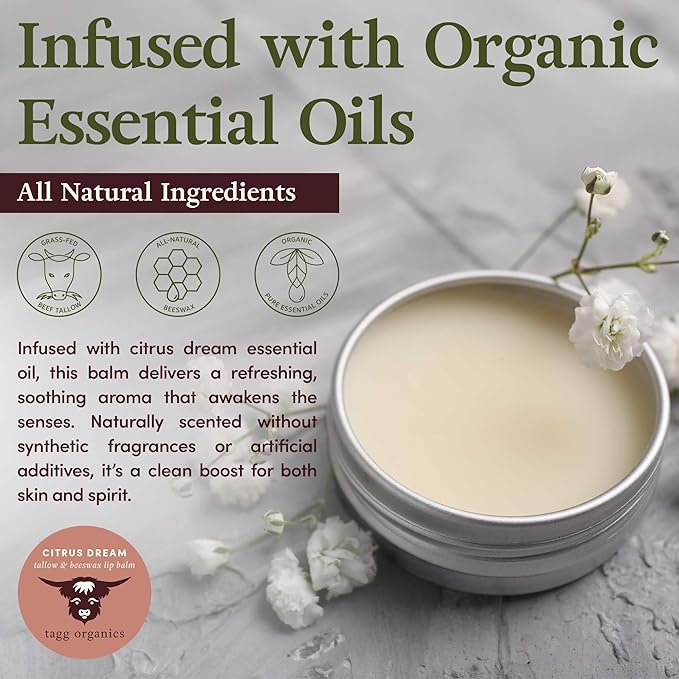 Citrus Dream Moisturizing Tallow Lip Balm – Nourishing & Soothing w/Organic Grass-Fed & Finished Tallow, 100% All Natural Beeswax & Essential Oils for Soft, Hydrated Lips, 0.5 oz., by Tagg Organics.