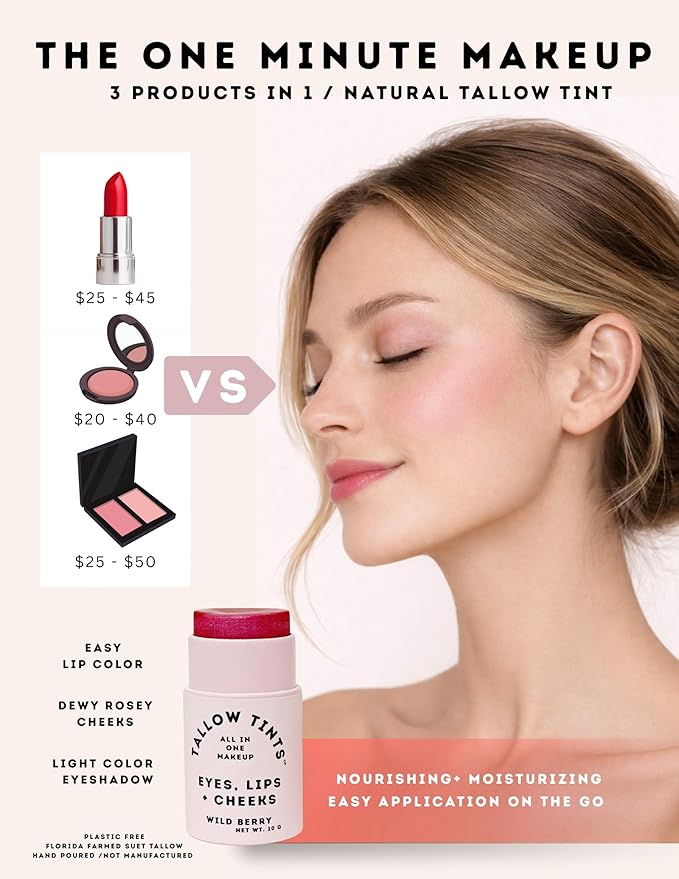 / Natural Tallow Lip Tint - Buildable Natural Color/Blush, Lip and Eye 3 in 1 Makeup (Pink Ice)