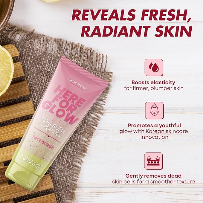 Face Scrub with Collagen & Peptides – Gentle Exfoliation, Hydration & Wrinkle Care – Dermatologist Tested, Korean Skin Care – Cruelty-Free, Vegan, Clean Beauty – 6.76 Fl Oz