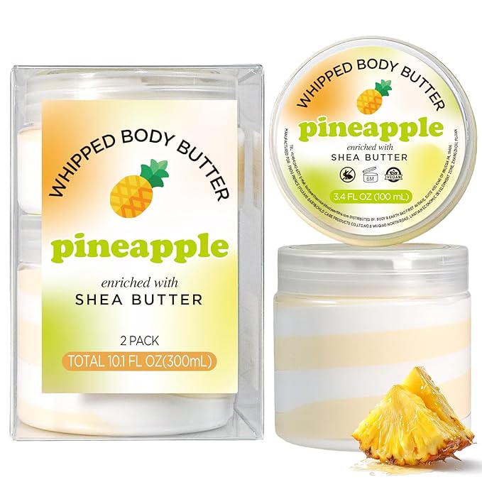Pineapple Whipped Body Butter for Pineapple Scent Whipped Body Butter for Women, Shea Body Moisturizer for Dry Skin, Gentle Hydration with Long Lasting Moisture-3.4 floz+6.8 floz