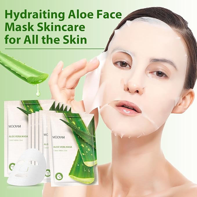 Hydrating Facial Masks Skincare for Women,Aloe Vera Face Mask Sheet Skincare,Moisturizing Face Mask for All Skin Types (10-Packs)