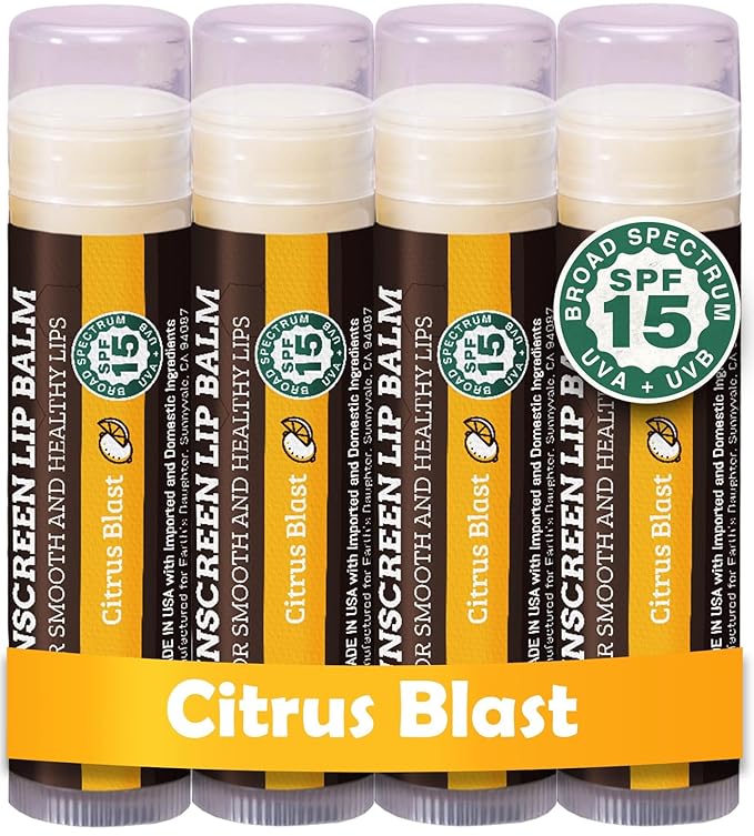 Earth's Daughter SPF Lip Balm 4-Pack Citrus Flavor - Lip Sunscreen, SPF 15, Organic Ingredients, Beeswax, Coconut Oil, Vitamin E - Hypoallergenic, Paraben Free, Gluten Free