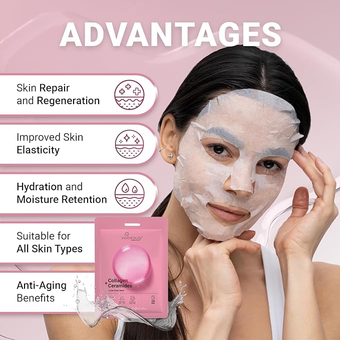 VIABEAUTY 12 Pack of Collagen Face Mask with Ceramides - Rejuvenating Facial Sheet Mask, Reduce Wrinkles & Fine Lines - Face Masks Skincare Moisturizing Collagen Mask for All Skin Types