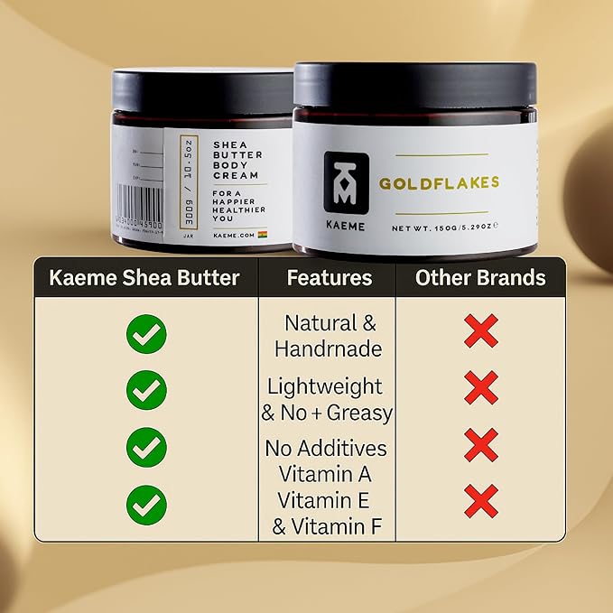 Kaeme.com Goldflakes Whipped Shea Body Butter – Non-Greasy, Fast-Absorbing, Made With Organic Shea,Coconut Oil, 24H Moisture for Dry Skin |Vitamin A, E & F | Crafted by Women Artisans(10.5oz/300g jar)