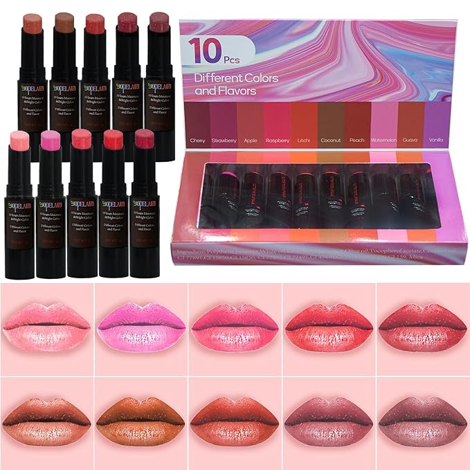 Yopela 10 Pack Tinted Lip Balm With Glitter Powder Tinted Chapstick - Moisturizing, Soothing, and Repairing Dry and Chapped Lips Valentine's Gift