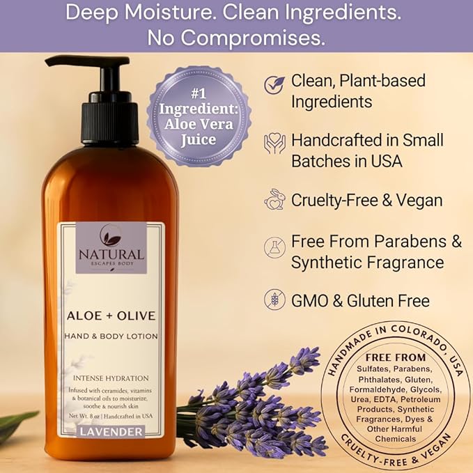 Natural Escapes Lavender Body Lotion for Dry Sensitive Skin, Aloe Vera & Ceramide Moisturizer with Olive Oil, Vitamin B5 & E, Hand & Body Cream, 8 oz