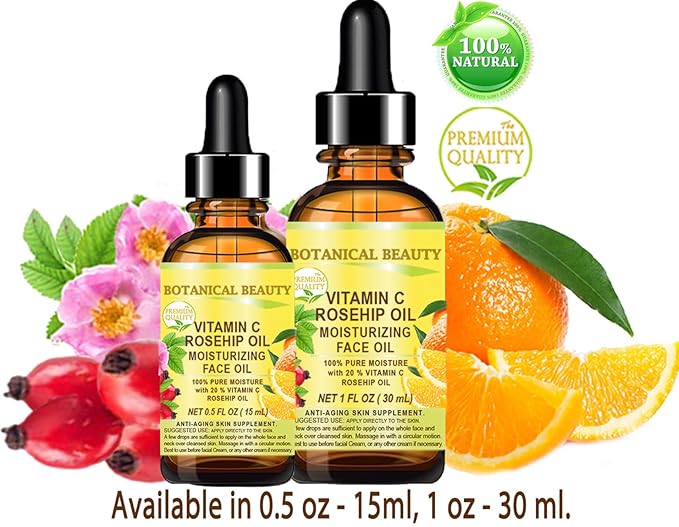 Botanical Beauty VITAMIN C ROSEHIP OIL Moisturizing Face Oil Anti-aging, Regenerating and Nourishing 20% Vitamin C, Pure Rose Hip Oil 1 Fl. Oz - 30 ml