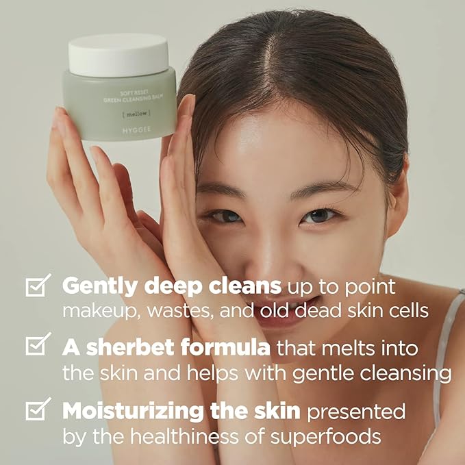 HYGGEE Soft Reset Green Cleansing Balm - Vegan Gentle Makeup Remover Sherbet Milky Oil Based Cleanser, Tea Tree Extract & Jojoba Oil, Hypoallergenic for Sensitive Skin, 3.38oz.
