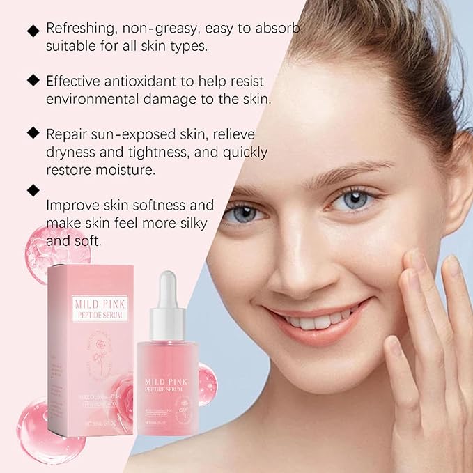 Pink Peptide Facial Serum, Rose Facial Moisturizing Serum, Moisturizes and Nourishes, Firms and Lifts Skin, Improves Skin Elasticity, Reduces Wrinkles and Fine Lines, Improves Skin Texture, 1 Fl.Oz