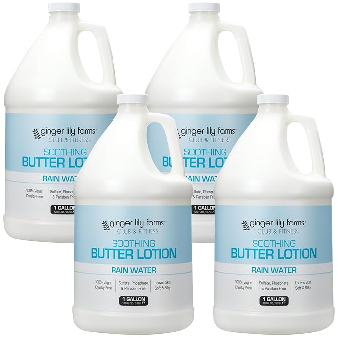 Ginger Lily Farms Club & Fitness Soothing Butter Lotion for Dry Skin, 100% Vegan & Cruelty-Free, Rain Water Scent, 1 Gallon (Pack of 4)