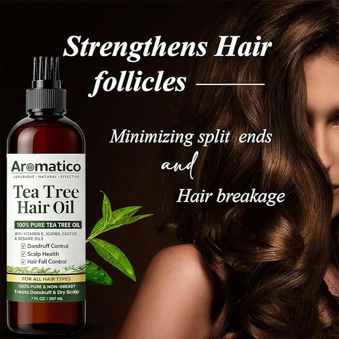 Aromatico Tea Tree Hair Oil with Vitamin E, Jojoba, Castor & Sesame Oils – Lightweight Scalp & Hair Care Oil for Dry Scalp, Shine & Smooth-Looking Hair – Non-Greasy Formula, 200 ml / 7 fl oz