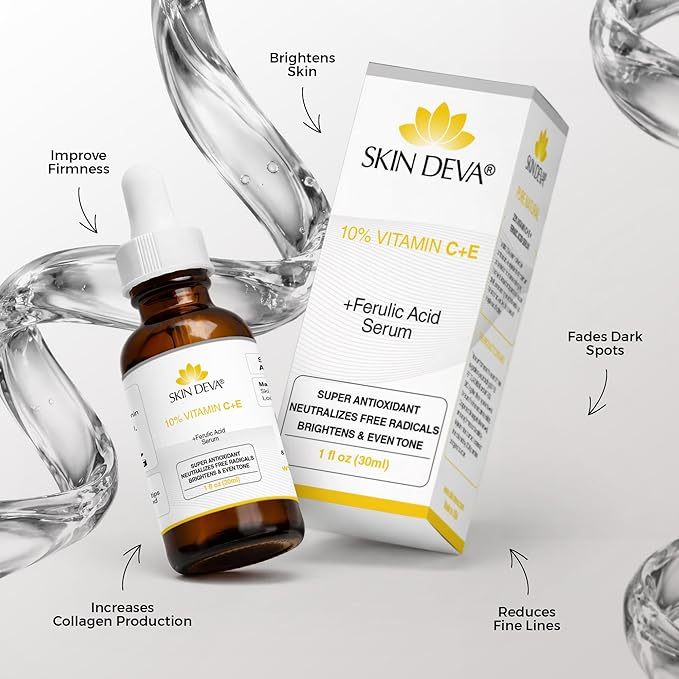 Skin Deva 10% Vitamin C Serum with Vitamin E & Ferulic Acid – Brightening Facial Serum with Hyaluronic Acid, Lightweight Formula for Even-Looking Skin (1 fl oz)