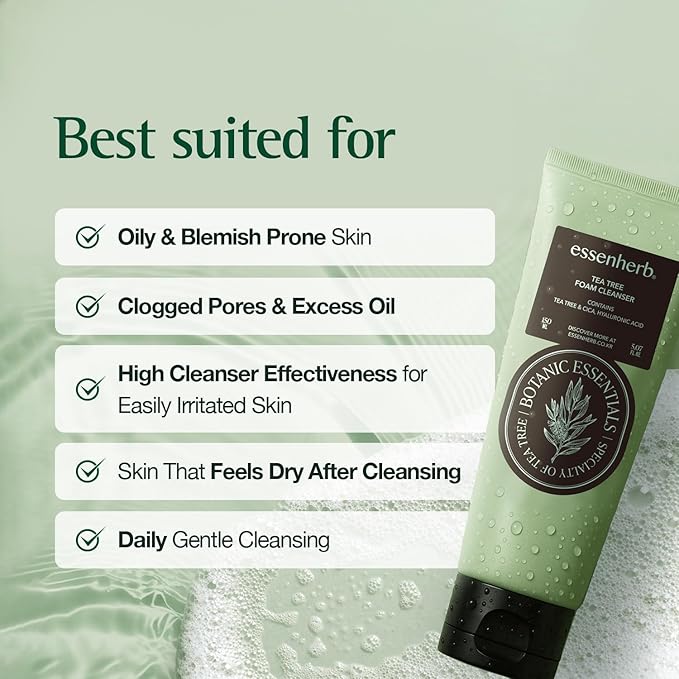 Tea Tree Foam Cleanser – Gentle Daily Face Wash for Acne-Prone & Sensitive Skin, Helps Soothe Redness and Hydrate, Formulated with Tea Tree and Cica, Korean Skin Care (5.07 fl oz)