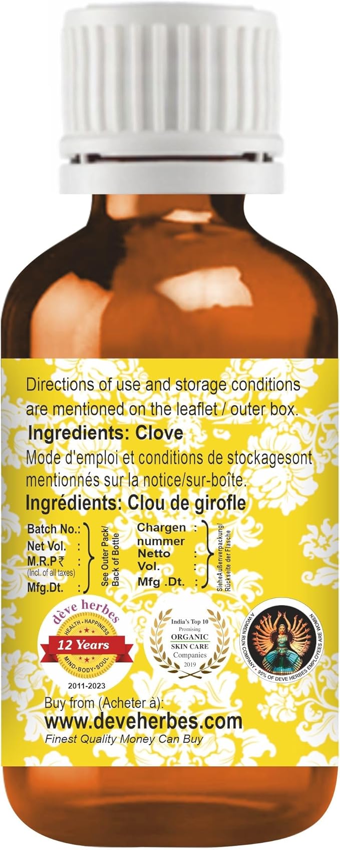 dève herbes Clove Essential Oil (Syzygium aromaticum) Pure | Non-Sticky | Non-Greasy | Lightweight | Men & Women | All Skin Types | Steam Distilled 15ml (0.5 oz)