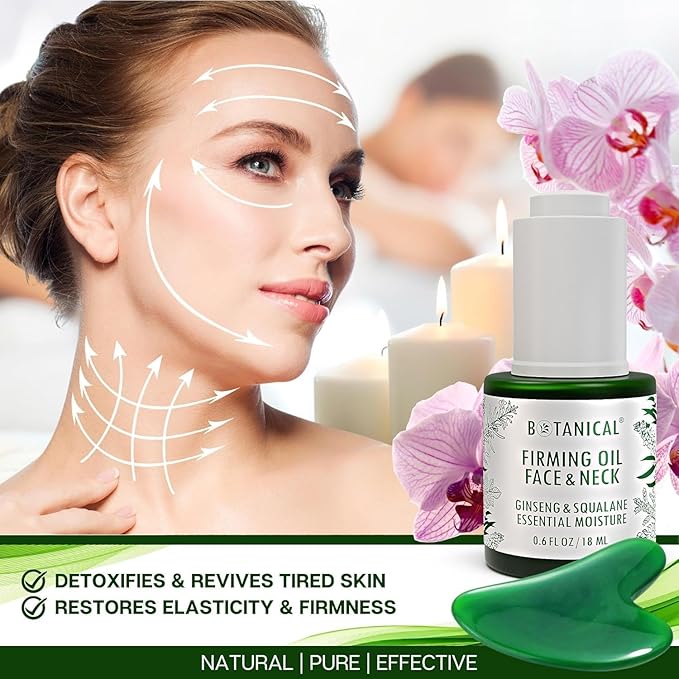 Botanical Essential Moisture Oil for Face & Neck Firming Serum | Anti-Wrinkle Ginseng & Squalane Serum w/Gua Sha Lift Scraper | Organic, Pure, Natural Skincare (0.6 fl oz | 18 ml)