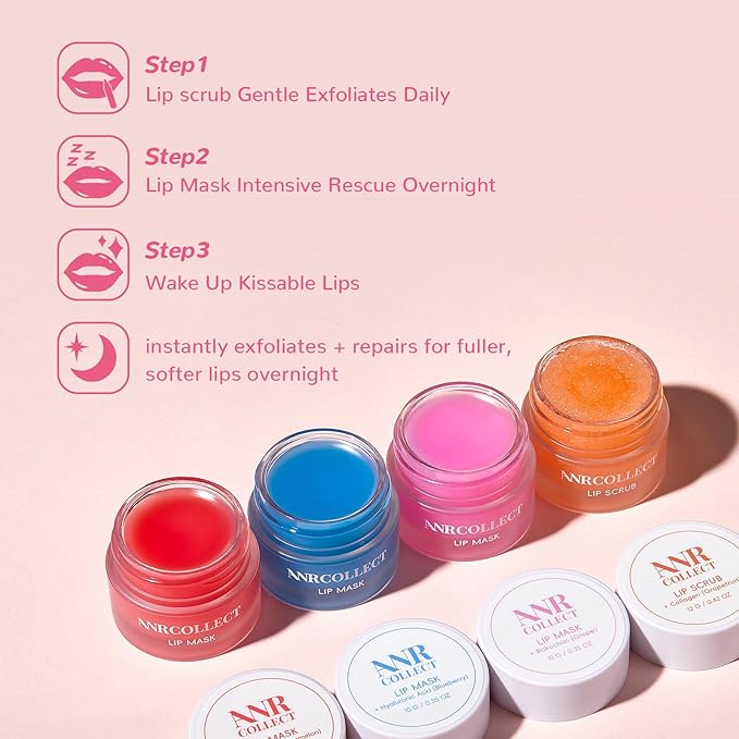 ANRCOLLECT Lip Care Set - Exfoliating Scrub + 3 Overnight Masks for Soft, Hydrated Lips, 4-Pack Gift Set