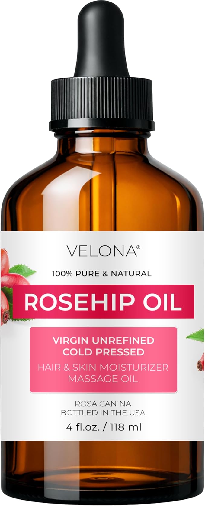 velona Rosehip Oil - 4 Fl Oz | 100% Pure and Natural Carrier Oil| Unrefined, Cold Pressed, Hexane Free | Moisturizing Face, Hair, Body, Skin Care, Stretch Marks, Scars…