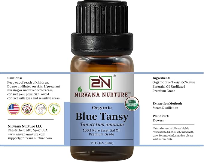Blue Tansy Essential Oil, USDA Certified Organic, 100% Pure Undiluted, Aromatherapy Oil for Diffuser, Hair & Skin Care