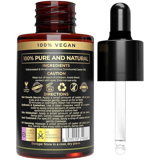 USDA Organic Castor - Cold-Pressed, Hexane-Free, Pure & Natural for Hair, Skin, Face, Eyebrows & Eyelashes - Glass Bottle, Carrier for Essential Oils Mixing, Laxative, 1 Fl Oz