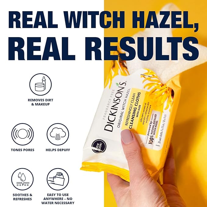 Dickinson's Original Witch Hazel Refreshingly Clean Cleansing Cloths with Aloe, 4 Pack, 25 Cloths per Pack