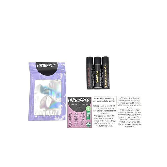 Vegan Lip Balm 3 Pack - All Natural and Free of Beeswax, Soy, Nut, and Top 9 Food Allergens (Cocoa Butter, Vanilla, Banana)