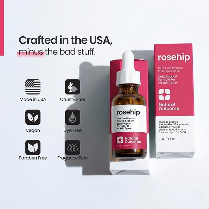 natural outcome Rosehip Oil 100% Pure Cold-Pressed Rosehip Seed Face Oil - Anti-Aging Facial Oil to Plump, Balance & Hydrate 1 oz