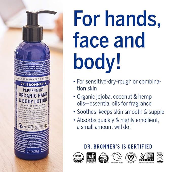 Dr. Bronner's Organic Lotion (Peppermint, 8 Ounce) – Organic Moisturizer for Hands, Face & Body – Vegan, Non-GMO