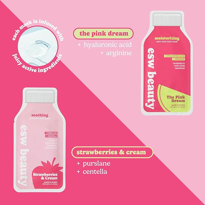 ESW Beauty Hydrating & Soothing Face Masks - 2-Pack Raw Juice Sheet Mask Set - Calming & Moisturizing Skincare Set - Includes Strawberries & Cream & The Pink Dream