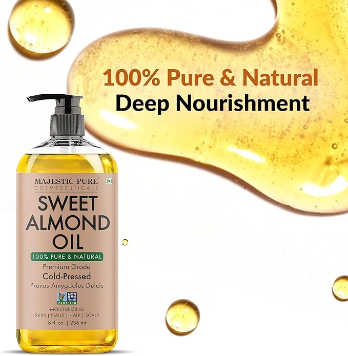 Majestic Pure Sweet Almond Oil 8 Fl Oz - 100% Pure and Natural- Cold Pressed & Hexane Free Natural Hair Growth Oil for Eyelashes, Eyebrows, Skin, Body, Face, Nails & Scalp