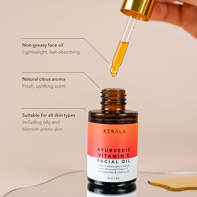Ayurvedic Vitamin C Face Oil with Rosehip Oil, Bakuchiol, Ashwagandha, and Squalane, Hydrating, Brightening, and Repairing Serum for Dark Spots, Fine Lines, and Wrinkles, Clean Luxury Skincare