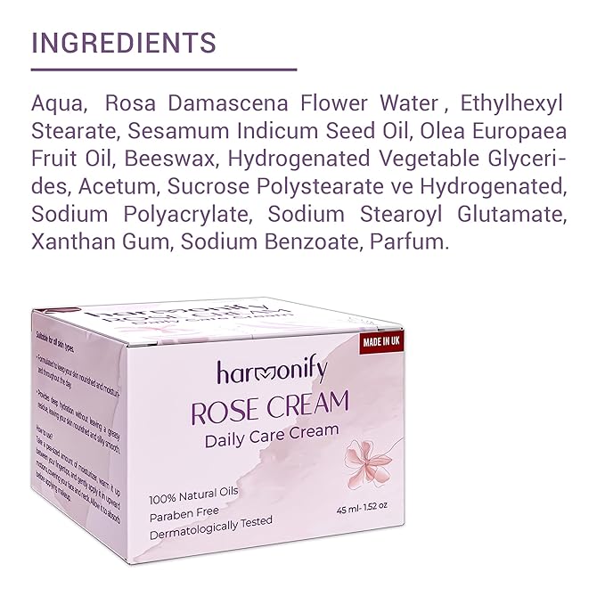 Rose Moisture Cream, Daily Care Non-Greasy Cream, Helps Soothe and Calm your Skin, 1.52 OZ, Made in UK