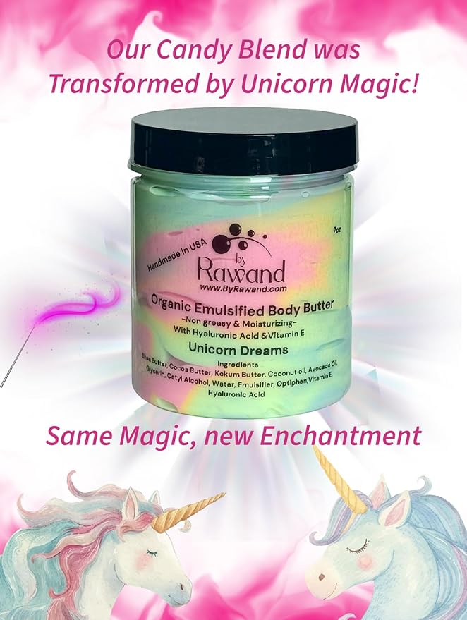 Handmade Unicorn Dreams Body Butter, Emulsified with Shea & Cocoa butter based with natural oils - non greasy, moisturizing (Blend of colors (Candy))
