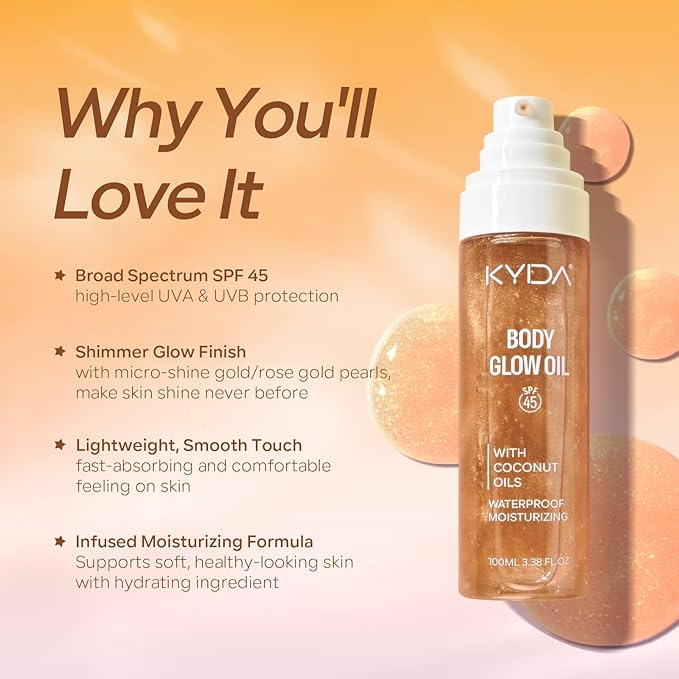 KYDA Travel Size Sunscreen,SPF 45 Sunscreen Spf Body Oil with Gold Mica, Sun-kissed Glow Skin Illuminator, Moisturizing Coconuts Summer Sunscreen, Water Resistant, 3.38 fl oz, AMBER