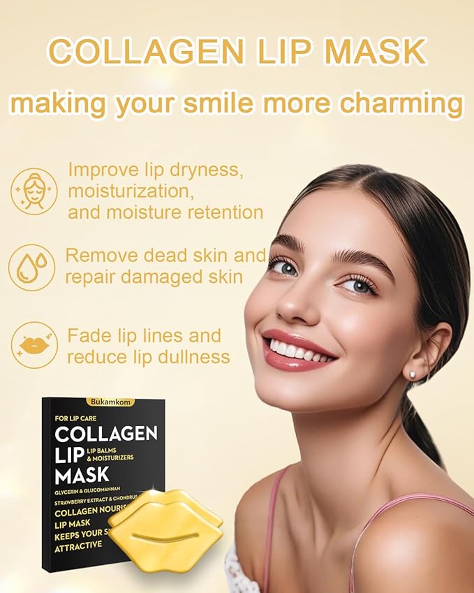 Collagen Lip Mask Patches Golden Sheets 20 Pack,24k Gold Overnight Lips Masks Moisturized Lips,Soothing & Nourishing Moisture,Anti-Aging,Bulk Lip Patches masks Individually Wrapped