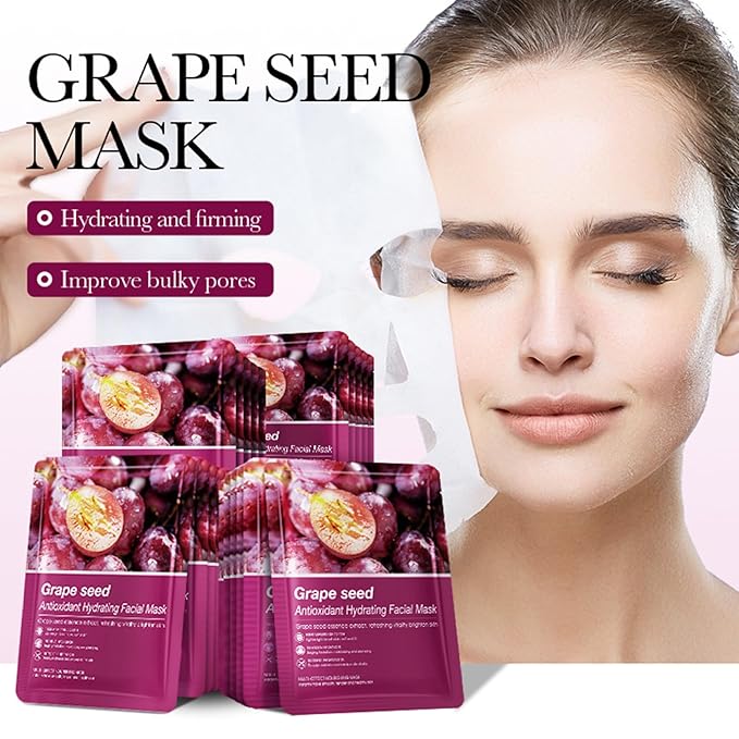 Hydrating Facial Mask Sheet Set of 5, Moisturizing Face Mask for Smooth and Supple Skin, Refreshing Self Care Beauty Grape Seed One Size