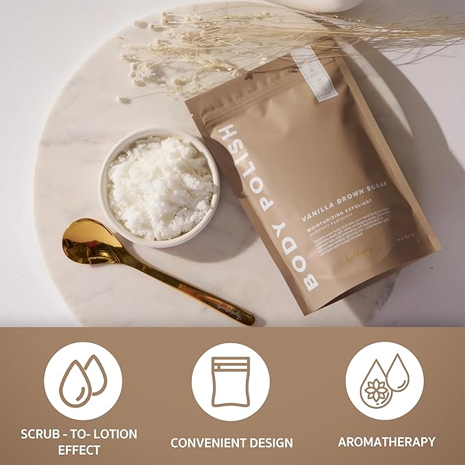 Bonblissity Body Polish, 8oz. - Vanilla Brown Sugar Scented Body Scrub Exfoliator for Women, Exfoliating Sugar Scrub To Lotion Moisturizer, Gentle Exfoliant for Dry and Sensitive Skin, Handmade in USA