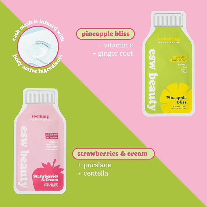 ESW Beauty Revitalizing & Soothing Face Masks - 2-Pack Raw Juice Sheet Mask Set - Radiance & Calming Skincare Set - Includes Pineapple Bliss & Strawberries & Cream