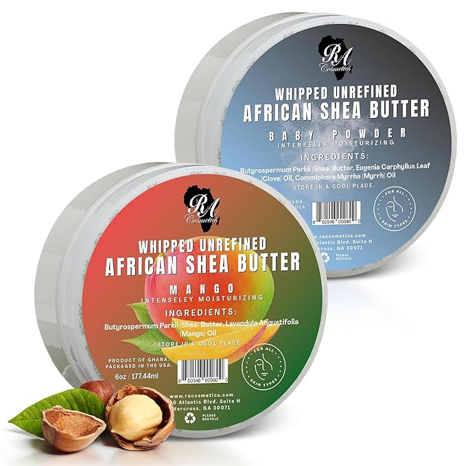 RA Cosmetics Whipped Shea Butter Bundle Pack - Baby Powder & Mango, 6oz Jar each | 100% Pure African Shea for Men & Women | Natural Moisturizer with Essential Vitamins for Radiant Skin & Luscious Hair