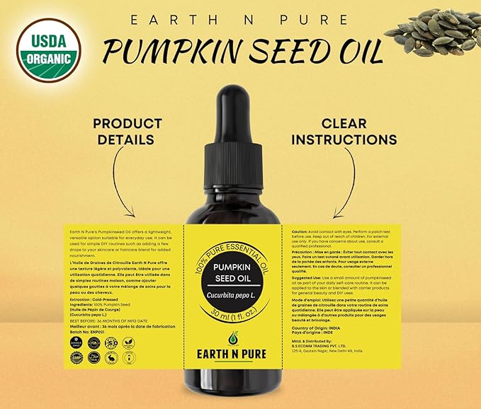 Earth N Pure Pumpkin Seed Oil (Kaddu Oil) Cold Pressed, Natural and Therapeutic Grade - 15 ml